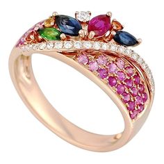 Colorful Pink Sapphire Emerald Ruby Tsavorite Diamond Rose Yellow Gold Ring | From a unique collection of vintage Fashion Rings at https://www.1stdibs.com/jewelry/rings/fashion-rings/. Cocktail Rose, Ruby Bangles, Rose Gold Drop Earrings, Gold Flower Ring, Vintage Cocktail Ring, Gold Cocktail Ring, Gold And Silver Rings, Rose Ring, Orange Sapphire