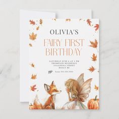 Fall Fairy First Birthday Invitation with a Fox and a pixie with wings and fall leaves and pumpkins First Birthday Fairy, Fox First Birthday, Fox Autumn, Fall Fairy, Birthday Fairy, First Birthday Invite, Fall Birthday Parties, Autumn Fairy, Turning One