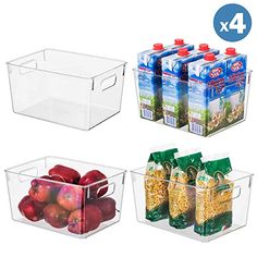 four plastic containers with different types of fruit and cereals in them, each containing 4x4 liter bottles