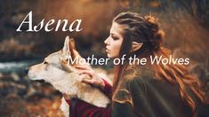 a woman holding a wolf in her arms with the words asena on it's side