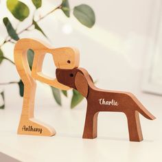 two wooden toy animals with names on them, one is a dog and the other is a cat