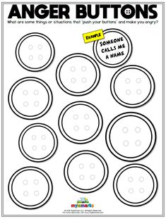 the printable worksheet for anger buttons is shown in black and white, which includes