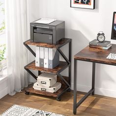 a computer desk with a printer on top of it