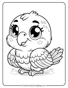 Cute cartoon bird illustration with big eyes and a smiling expression, designed for coloring activities. Suitable for children and animal lovers, featuring a playful pose and detailed feathers. Perfect for printable coloring pages. Parrot Drawing For Kids, Cute Parrot