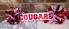 two red and white cheerleader pom poms sitting on top of a marble table