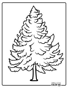 a black and white drawing of a pine tree with snow on the top, it is outlined