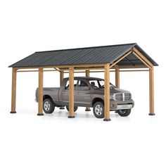 a truck is parked under a wooden carport