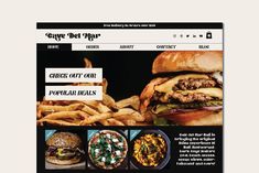 an image of a website page with food items on the front and back pages, including burgers and fries