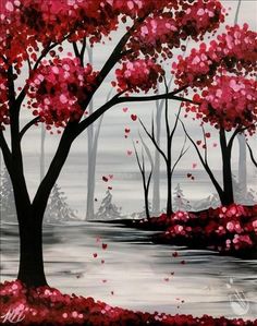 a painting of trees with pink flowers in the foreground