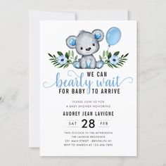 a blue teddy bear with flowers and balloons is on the front of this baby shower card