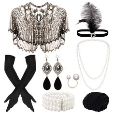 PRICES MAY VARY. Set Content: This 1920s accessories for women set has 11 pieces, including 1 black and gold vintage shawl, a pair (2 pcs) of black long gloves, 1 pair (2 pcs) of earrings, 1 pearl necklace, 1 pearl ring, 1 multi-layer pearl bracelet, 1 pair of fisherman's net tights (2 pcs), and 1 vintage feather hair band, the classic matching design and sufficient quantity can fully meet your needs for attending all kinds of parties and matching outfits. Reliable Material: The shawl of our 192 Long Black Gloves, 1920s Accessories, Flapper Accessories, Net Tights, 1920s Headpiece, Vintage Shawl, Net Stockings, Vintage Feather, 1920s Outfits