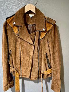 Vintage suede motorcycle jacket in good condition. Brown Suede Biker Jacket, Brown Suede Long Sleeve Biker Jacket, Winter Brown Suede Biker Jacket, Casual Suede Biker Jacket For Fall, Long Sleeve Suede Biker Jacket For Fall, Brown Suede Leather Jacket For Spring, Vintage Suede, Motorcycle Jacket, Labour Day