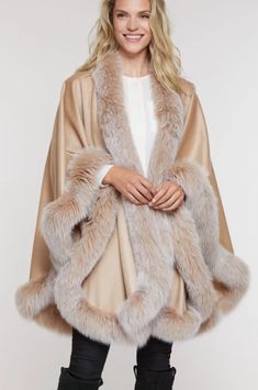 Victoria Cashmere Cape with Fox Fur Trim | Overland Fur Trimmed Cape, Cashmere Cape, Cape Sweater, Cashmere Poncho, Wool Coats, Wool Poncho, Wool Coat Women, Wool Cape, Sheepskin Coat