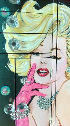 a painting of a woman with blonde hair and pink gloves holding a cell phone to her ear