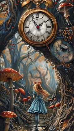 a painting of a girl in a blue dress looking at an analog clock and mushrooms