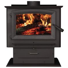 a wood burning stove with flames on it