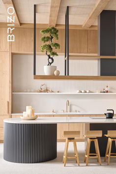 a kitchen with wooden cabinets and stools next to a counter top that has a potted plant on it