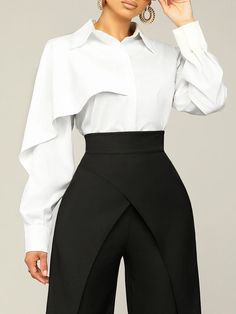 Buy Inexpensive Shirts at Stylewe online store, SPU: 11ESH7U7FD5, Color: White, Edition type:Regular Fit, Silhouette:H-Line. Womens White Shirt, Shirt Collar Pattern, Urban Shirt, Ageless Style, Button Sweater, Fitted Blouses, Fashion Catalogue, Office Attire, Basic Shirts