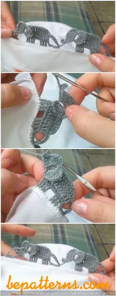 crocheted elephant pattern being worked on by someone using scissors to cut the fabric