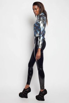 These 4-way stretch vinyl leggings are super shiny and fit like a second skin. Made from extra stretchy PVC, they are super futuristic! Perfect pants for any cyber, techno, EDM, rave, cybergoth, goth, industrial, streetwear, clubwear or festival wardrobe!  Size M has an inseam of approx 28 1/4  Pictured with the Draco vest and Intrepid Peplum top. Click here to purchase: https://www.etsy.com/listing/203600843/draco-vest-red-gothic-industrial-vegan  https:/&#... Cyberpunk Goth, Futuristic Cyberpunk, Vinyl Leggings, Red Gothic, Black Pvc, Perfect Pant, Womens Leggings, Wet Look, Costume Design