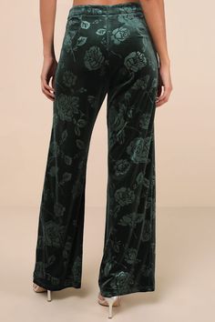 With stylish and sophisticated vibes aplenty, we can't get enough of the Lulus Sensational Attitude Emerald Green Burnout Velvet Wide-Leg Pants! Stretchy, plush velvet boasts a chic burnout floral effect as it shapes these elevated pants that have a high waist and wide, breezy legs that end at ankle-length hems. Hidden zipper/clasp at the back. Pair with the matching top for a complete look! Fit: This garment fits true to size. Length: Floor length. Size medium Inseam: 31.00 Front Rise: 13.50 Wa Burnout Velvet, Velvet Pants, Matching Top, Hidden Zipper, Ankle Length, Emerald Green, Leg Pants, Floor Length, Wide Leg Pants