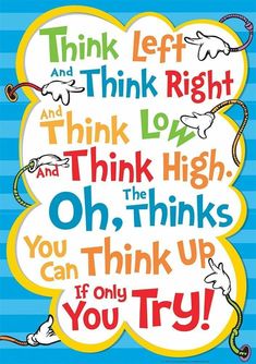 the dr seuss quote is shown on a blue and white striped background with red, yellow