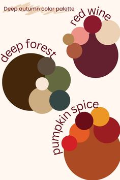 two circles with the words deep forest and red wine on them, all in different colors