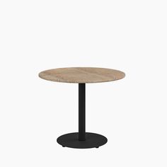 a round table with a black base and a wooden top on an isolated white background