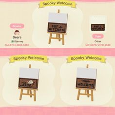 an animal crossing character is standing in front of a sign with the words spooky welcome and spooky welcome