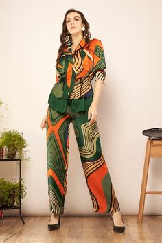 Green, orange layered jacket with geometric print and stitchline thread embroidery. - Aza Fashions Cape Sleeve Blazer, Batwing Sleeve Shirt, Blazer Pattern, Blazer For Women, Orange Blazer, High Low Shirt, Pant For Women, Jumpsuit Elegant, Cape Sleeves