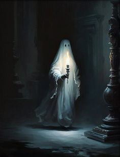 a ghost holding a lit candle in the dark