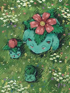 an illustration of two plants with flowers in the grass and one plant is growing out of it's head