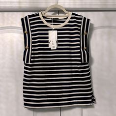 Beautiful M, Brand New Zara Top With Tags! Navy And White Stripes With Gold Detail! Elevates Any Outfit!! Navy Sleeveless Top For Work, Chic Navy Top For Day Out, Navy Sleeveless Top For Day Out, Zara New, White Crewneck, Zara Shirt, Tennis Dress, Pattern Sweater, Zara Tops