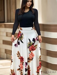 Lasaky - Womens Plus Size Colorblock Floral Print Maxi Dress: A Stylish and Elegant Option with Medium Stretch Fit White Maxi Dress With Patchwork, White Color Block Maxi Dress, White Long Sleeve Patchwork Maxi Dress, White Long Sleeve Maxi Dress With Patchwork, White Long Sleeve Color Block Dress, Floral Print Maxi Dress, Floral Print Maxi, Fabric Medium, Printed Maxi