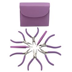 a purple case with six pairs of scissors in it and the other set is open