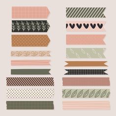 different types of washi tapes with leaves and dots on them, all lined up in rows