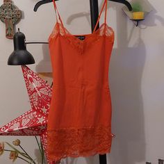 Y2k Era Burnt Orange Adjustable Spaghetti Strap Cami Tank Top With Long Lace Bottom. Lace Detail At Top. Perfect For Layering. Brand New Never Worn. Summer Y2k V-neck Camisole, Fitted Orange Camisole For Summer, Y2k Style Spaghetti Strap Camisole For Night Out, Y2k Camisole With Spaghetti Straps For Night Out, Fitted Orange Camisole Casual Style, Fitted Orange Casual Camisole, Fitted Orange Spaghetti Strap Tank Top, Spring Spaghetti Strap Camisole, Y2k Style Camisole For Night Out In Summer