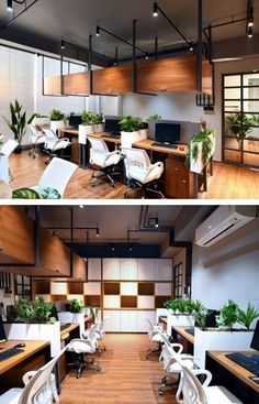 two pictures of an office with desks and chairs, one has plants on the wall