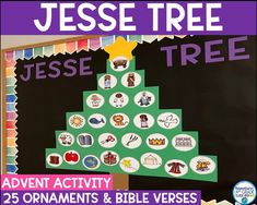 "The Jesse Tree is a wonderful Advent tradition that helps us prepare for the birth of Jesus. This special calendar begins on December 1 and counts down until we reach December 25.  Each day an ornament is added to the tree. Each ornament has a symbol on it that represents a person or event from the bible. It begins with the creation story and ends with Jesus being born in Bethlehem. Each day also has a bible verse/story to go along with it.  What included? * Student Tree & Ornaments (color and BW) * Class Tree Ornaments (color and BW) * Bulletin Board Letters- \"Jesse Tree!\" * Star Outline for Class Tree * PowerPoint Slides of Bible Verses to go with each Ornament * Teacher Guide with List of Bible Verses and Symbols * Set Up Instructions for Class Tree What's NOT included? * Bulletin Bo Christmas Tree Bible Verse, Jesus Being Born, Tree Bible Verse, Catholic Bible Verses, Jesse Tree Advent, Class Tree, Bulletin Board Tree, Jesse Tree Ornaments, Tree Story