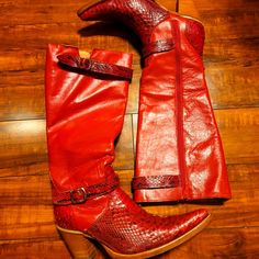 Worn One Time In Great Condition! Constructed With Genuine Leather And Real Snakeskin Leather! Handcrafted In Mexico. Bohemian Red Leather Boots, Red Crocodile Boots, Red Snakeskin Boots, Red Leather Knee-high Boots With Round Toe, Red Leather Mid-calf Boots With Round Toe, Women's Circle, Leather Cowboy Boots, One Time, Snake Skin