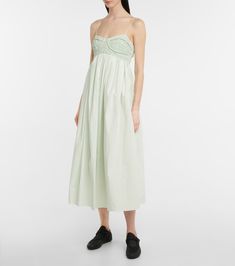 Cecilie Bahnsen - Heather cotton-blend midi dress | Mytheresa Spring Cotton Midi Dress For Daywear, Cotton Midi Dress With Ruched Bodice, Cotton Maxi Dress With Ruched Bodice, Cotton Dress With Ruched Bodice For Daywear, Spring Cotton Midi Sundress, Spring Cotton Sundress Midi Dress, Fitted Cotton Midi Dress With Smocked Bodice, Chic Cotton Midi Dress With Ruched Bodice, Elegant Cotton Dresses With Ruched Bodice