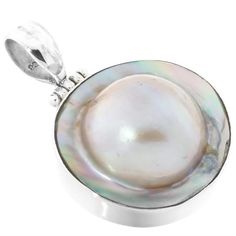 1 1/2" Mabe Blister Pearl In Shell Handmade 925 Sterling Silver PendantBeautiful mabe mother of pearl pendant set in 925 sterling silver. The mabe pearl has a perfect round shape and is set in the center of the pendant. The shell has a gorgeous silver iridescent hue.Bail Diameter:  5mmPendant Material:  925 sterling silverPendant Size:  38x24mm(1 1/2x1")w/bailPendant Weight:  ~7 gramsShell Type:  Mabe cultured pearl Round Pearl Pendant Jewelry From Mother Of Pearl, Round Mother Of Pearl Pendant Jewelry, Gift Mother Of Pearl Necklace With Round Pendant, Silver Mother Of Pearl Necklace For Gift, Silver Mother Of Pearl Pendant Pearl Necklace, Mother Of Pearl Silver Jewelry For Mother's Day, Silver Mother Of Pearl Jewelry For Mother's Day, Mother's Day Silver Mother Of Pearl Jewelry, Pearl Necklace With Mother Of Pearl Round Pendant