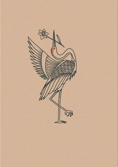 a drawing of a bird with an arrow in it's beak on a beige background