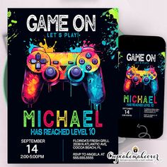 a flyer for a game on event with two video game controllers in front of it