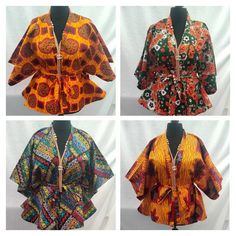 Stylish handmade Ankara kimono top with detachable belt to snatch the waistline. Can be worn casually, or to a semi formal event. You can wear it on its own during the summer, with a vest or high-neck jumper during the winter. You can even add your favourite accessories to jazz it up. Kimono Ankara, African Print Kimono, Ankara Kimono, Dashiki Fashion, Ankara Jackets, Elegant Kimono, Ankara Tops, High Neck Jumper, Loose Fitting Dresses