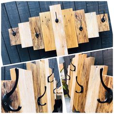 four different pictures of hooks made out of wood and black handles on the outside of them