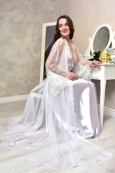 White bridal satin peignoir set Long lace robe and nightgown image 1 Wedding Nightgown, Bridal Dressing Gown, Satin Bridal Robe, Wedding Night Lingerie, Lace Bridal Robe, White Wedding Gowns, Bridal Gowns Mermaid, Wedding Dresses Beaded, Bohemian Wedding Dresses