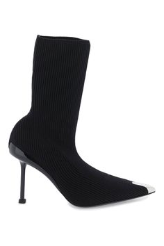 Alexander McQueen Slash knit ankle boots with silver metal detail on toe. Leather insole, lacquered heel with cut-out and silver metal exposed core, leather sole with rubber inlay. Alexander Mcqueen Boots, Sleek Dress, Metal Detail, Pointed Toe Boots, American Design, Womens Boots Ankle, Boots For Sale, Black Ankle Boots, Stiletto Heel