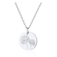 PRICES MAY VARY. 🌺Cute coin style necklace with November birth flower Chrysanthemum flora embossed, very delicate and classic pendant for women girls. This kind of minimalist coin necklace is a hit, in fashion and all match with your daily outfit. With meaningful flower hidden message, the disc necklace will deliver your love and blessing. ♚ 👄Material: Made of durable 316L stainless steel with excellent polishing craftsmanship, which will make it look gorgeous and sparkling. Our birth flower n Flower Chrysanthemum, November Birth Flower, Medal Jewelry, Flower Necklaces, Hidden Message, Floral Pendant, Birth Month Flowers, Disc Necklace, Birth Flower