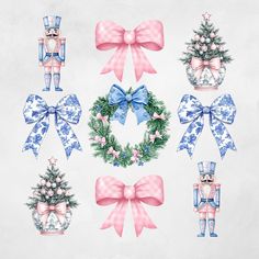 a set of christmas decorations with bows and ornaments on them, including a wreath, a nutcracker, a tree, and an ornament